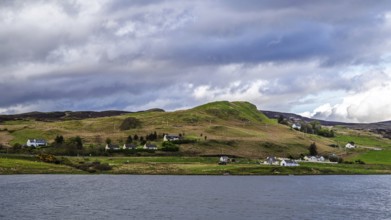 Farms over Loch Harport, Drynoch, Isle of Skye, Scotland, UK