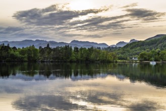 Boats on Windermere Lake and mountains, Ambleside, Lake District, Cumbria, England, United Kingdom