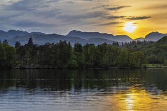Sunset over Windermere Lake from a drone, Ambleside, Lake District, Cumbria, England, United