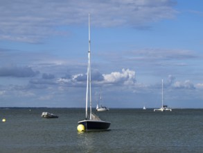 Boats on sea over Knoll Beach Studland, Poole, Dorset, England, United Kingdom