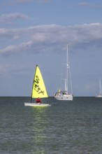 Boats on sea over Knoll Beach Studland, Poole, Dorset, England, United Kingdom