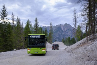 Public bus, public transport and campers on the toll road, Prato Piazza, Alta Braies, Braies