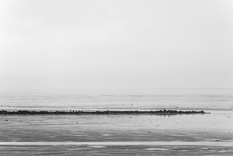 North Sea coast, cloudy winter day, Wadden Sea at low tide, stone groyne as coastal protection,