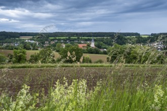 View of Münchsteinach from the Gigantic Bench, Steigerwald nature park Park, Middle Franconia,