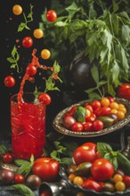 Tomatoes fall into a jar with tomato juice surrounded by herbs
