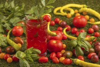 Glass of tomato juice surrounded by tomatoes, chilli peppers and herbs on grass