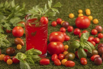 Glass with tomato juice surrounded by tomatoes and herbs on grass
