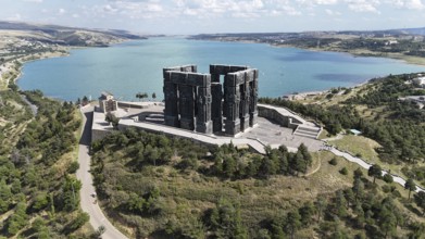 Aerial view of the Chronicle of Georgia with the Tbilisi Sea in the background