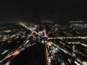 Aerial view of the Umayyad Square shining at night