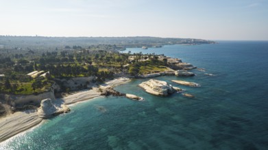Aerial view of the picturesque white rocks that surround the coast in Latakia, Syria