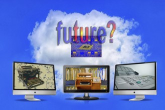 Symbol photo, future from typewriter to telex to fax machine and CPU, Business 4.0, ChatGBT, AI,