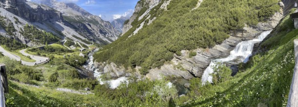 Panoramic view of the southern ascent to the descent from the Stelvio Pass Alpine pass, with the