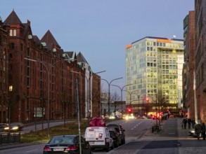 The street Am Sandtorkai and the publishing house DER SPIEGEL in the Hafencity in Hamburg in the