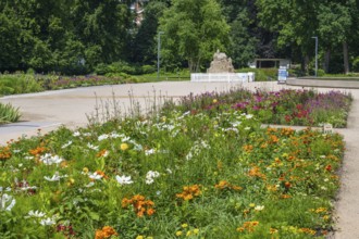 Flower bed and sand sculpture, Kaiser-Karls-Park, garden show, Bad Lippspringe, climatic health