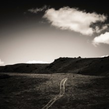 A dirt trail meanders through a rugged terrain with rolling hills and dramatic skies. Auvergne