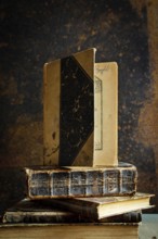 A collection of vintage books is displayed on a wooden table, accompanied by an old-fashioned