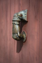 A distinctive lion-shaped door knocker is affixed to a red wooden door. The intricate design and