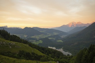 Magical sunset at the Halsalm above the Hintersee with views of the Hoher Göll and Untersberg