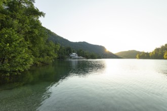 Sunrise in summer at Lake Thumsee near Bad Reichenhall with a view of the Seewirt