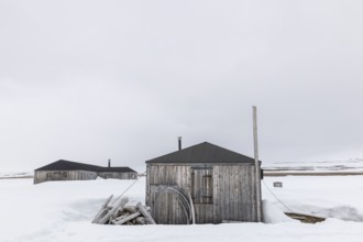 Former research station, wooden hut, Kinvika, Muchinsonfjord, Spitsbergen, Svalbard