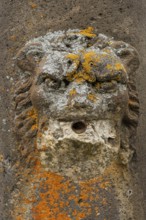 Stone lion carving adorns fountain featuring unique textures and vibrant colors in France