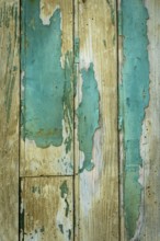 Textures of aged wooden planks show peeling paint in shades of blue and beige, reflecting years of