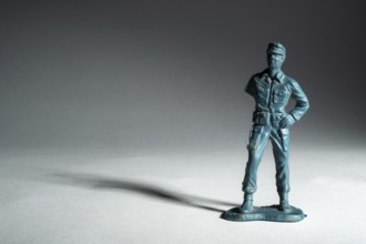 A small toy soldier figure stands upright with a confident pose. The soft lighting creates a