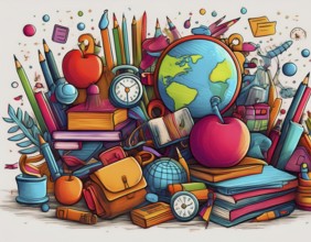 Colorful doodle pattern of education elements, vibrant geometric vector illustration, AI generated