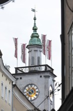 Town hall tower above the rooftops of Salzburg's historic city centre
