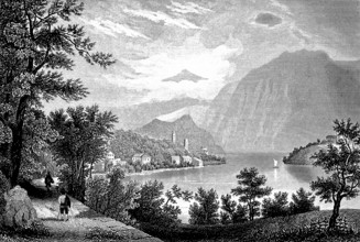 Lago di Como, Lake Como on the southern edge of the Alps, idyllic mountain landscape, hikers on the