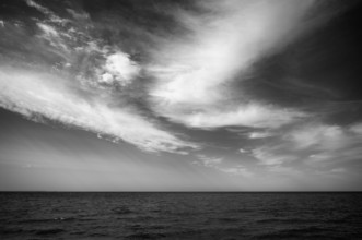 View of the sea, sky, Atlantic Ocean, clouds, Grandcamp-Maisy, black and white, Normandy, Calvados,