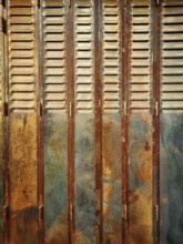 Rustic wooden shutters exhibit a blend of rusty and faded paint, showcasing years of weathering in