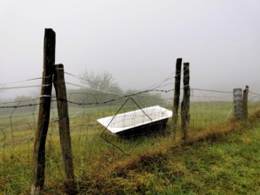 A rusted bathtub rests against a weathered fence, partially hidden by thick fog in a serene rural