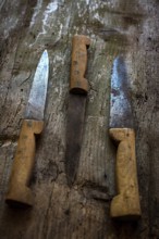 Three vintage kitchen knives are arranged on a weathered wooden surface. The blades display signs