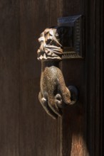 A detailed bronze hand-shaped door knocker is affixed to a rustic wooden door, showcasing intricate