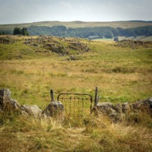 A rustic gate stands open, inviting visitors into a picturesque countryside landscape. Golden grass
