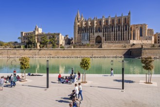 Tourists in a public park by the palma cathedral a sunny summer day, Parc de la mar, Palma de