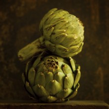 Two artichokes are prominently positioned against a rich brown background, highlighting their