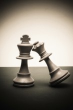 Two chess pieces stand tilted against a simple backdrop, symbolizing a fierce battle of wits. The