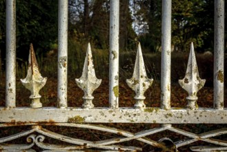 Detailed view of an ornamental iron fence featuring unique spire designs, set in a peaceful garden