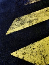 Bright yellow chevrons stand out against a dark asphalt surface, blending nature and urban elements