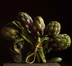 Five artichokes are artistically bundled with twine, resting against a black backdrop that