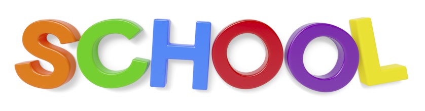 Plastic magnetic letters spelling the word school with drop shadow isolated on a white background