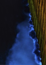 Blue glowing waves on sheet pile wall at night, dramatic, harbour of the island dune, sea glow,