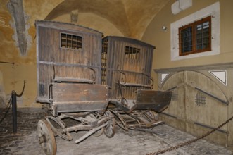 Old prison carriages, Medieval Crime Museum, Rothenburg ob der Tauber, Middle Franconia, Bavaria,
