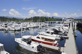 Boats and yachts in the harbour, Coal Harbour, Burrard Inlet, Vancouver, British Columbia, Canada
