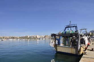 Fishing boat in the harbour, Port d'Alcudia, Majorca, Balearic Islands, Spain
