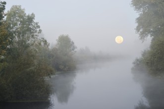 The river Lippe with full moon and morning fog, North Rhine-Westphalia, Germany