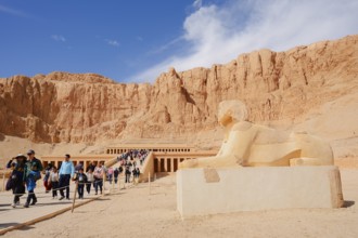 Sphinx and Hatshepsut Temple, Mortuary Temple of Hatshepsut, Deir el-Bahari, Thebes, Luxor, Egypt