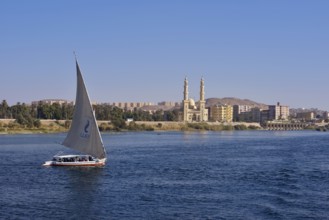 Felucca on the Nile in front of the El-Tabia Mosque, Aswan, Egypt